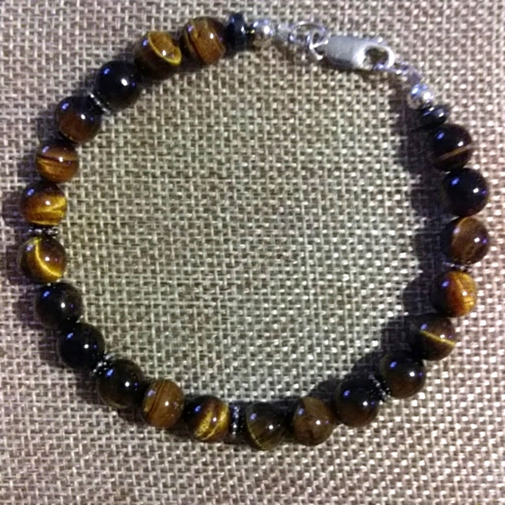 NWT- STERLING TIGER'S EYE BRACELET. 9" L {NOT ELASTIC}" 925/LOBTER CLASP. (R-11)